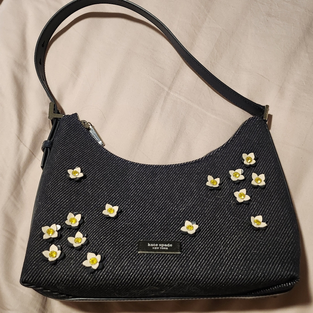 Kate Spade Sam Icon Floral Embellished Denim Small Shoulder Bag